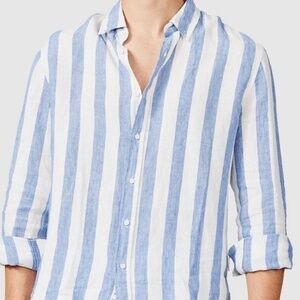 Vacay Swimwear Stripe Linen Shirt, L, Blue Stripe